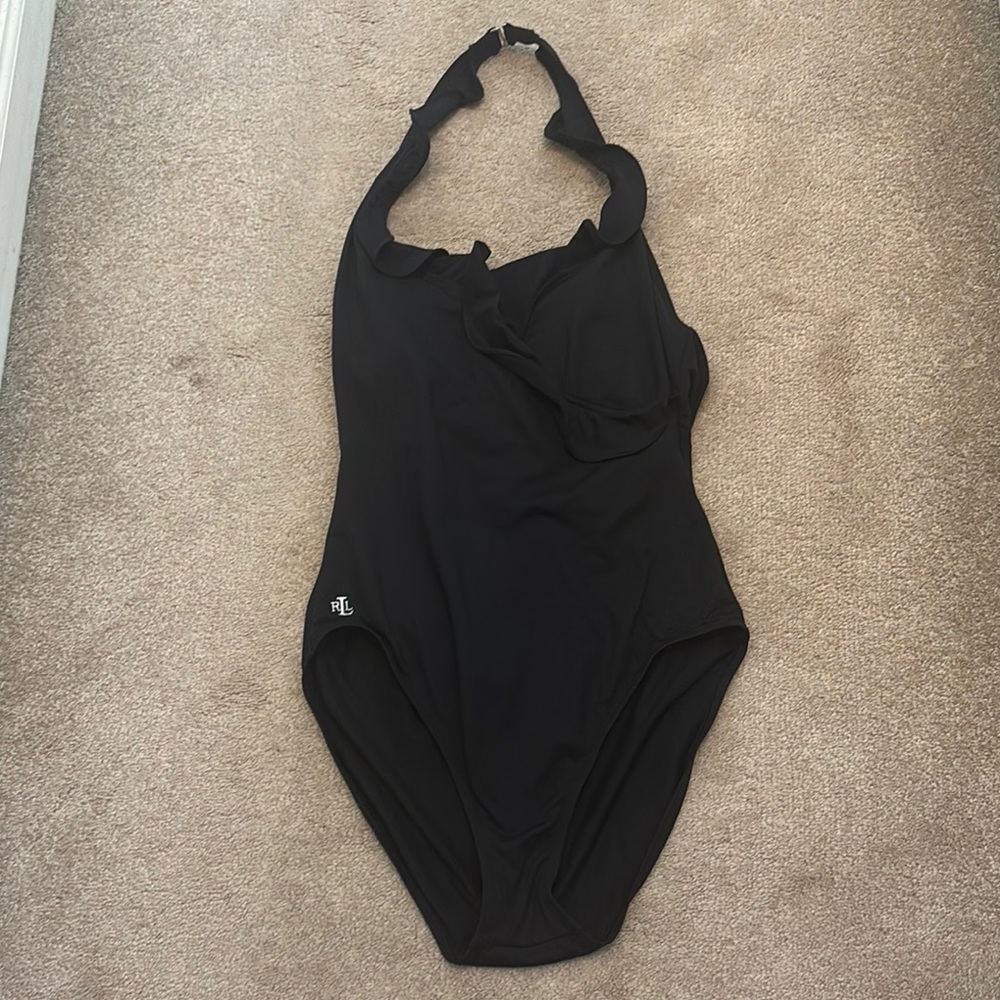 Ralph Lauren Black One-Piece Swimsuit size Large EUC ruffled collar
